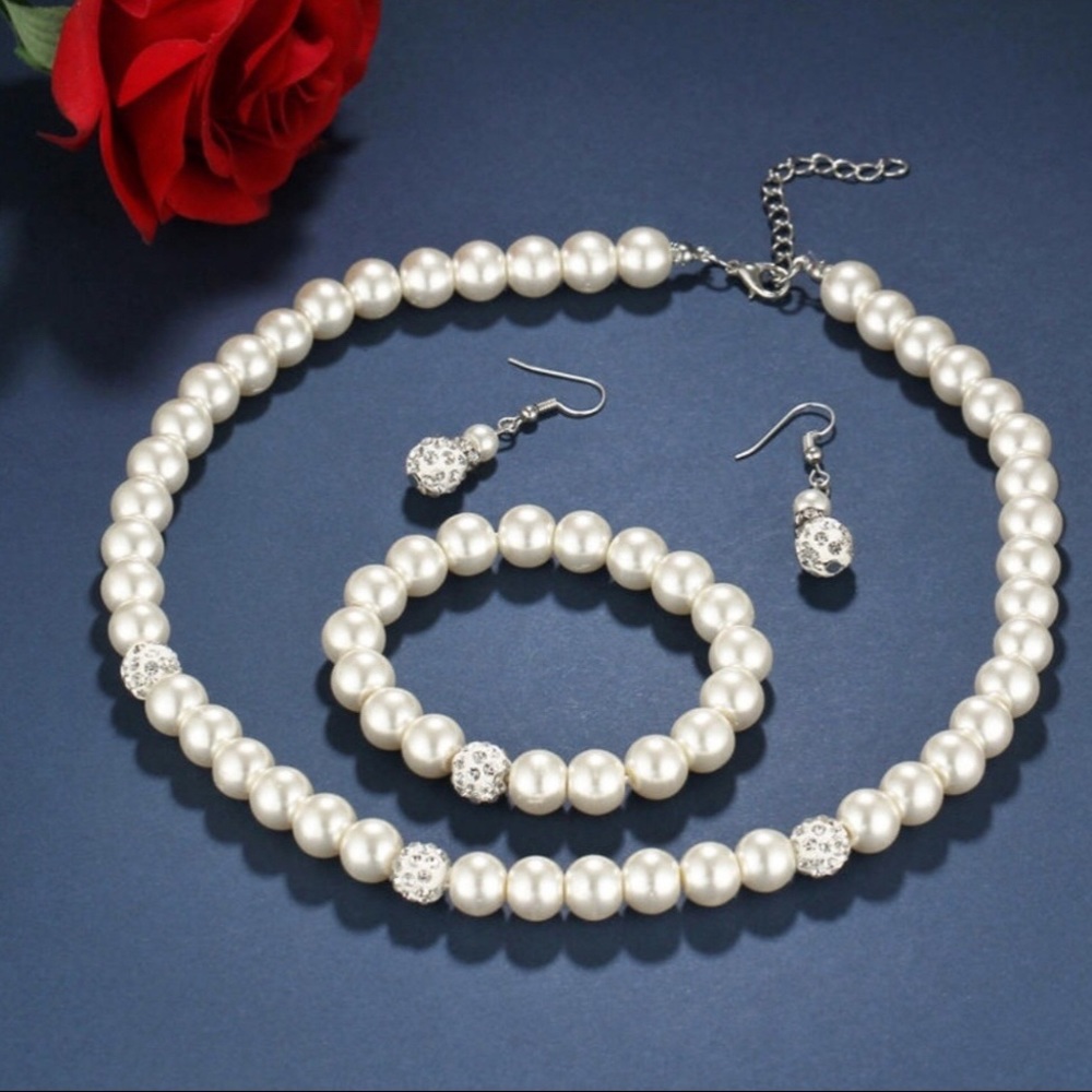 3 Piece Pearl Necklace, Earrings & Bracelet Set